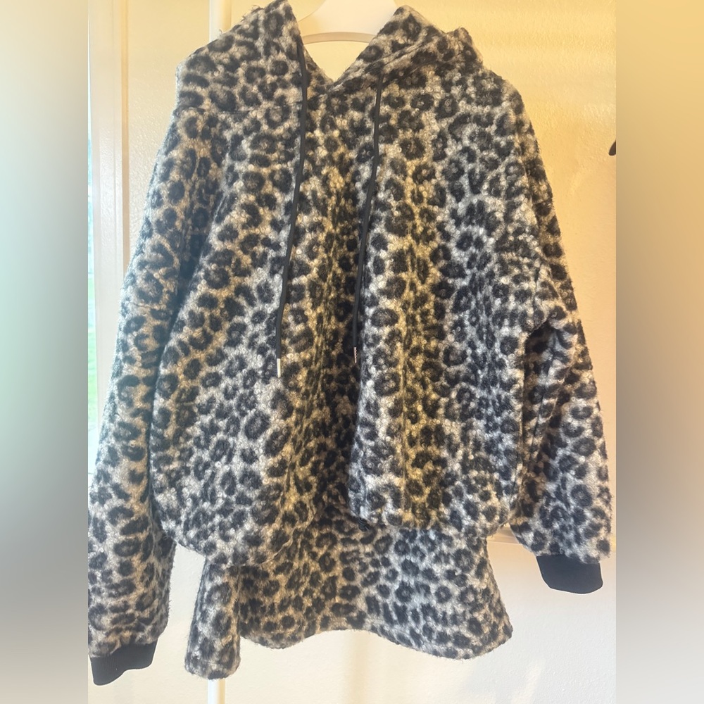 Leopard print plush hoodie and skirt set